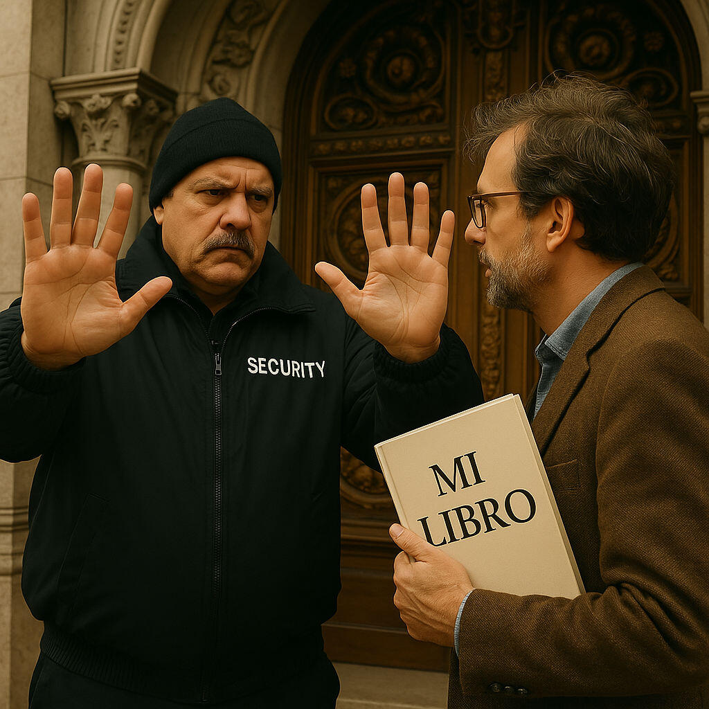 Las editoriales tradicionales foto de un editor tradicional bloqueando el paso a un escritor